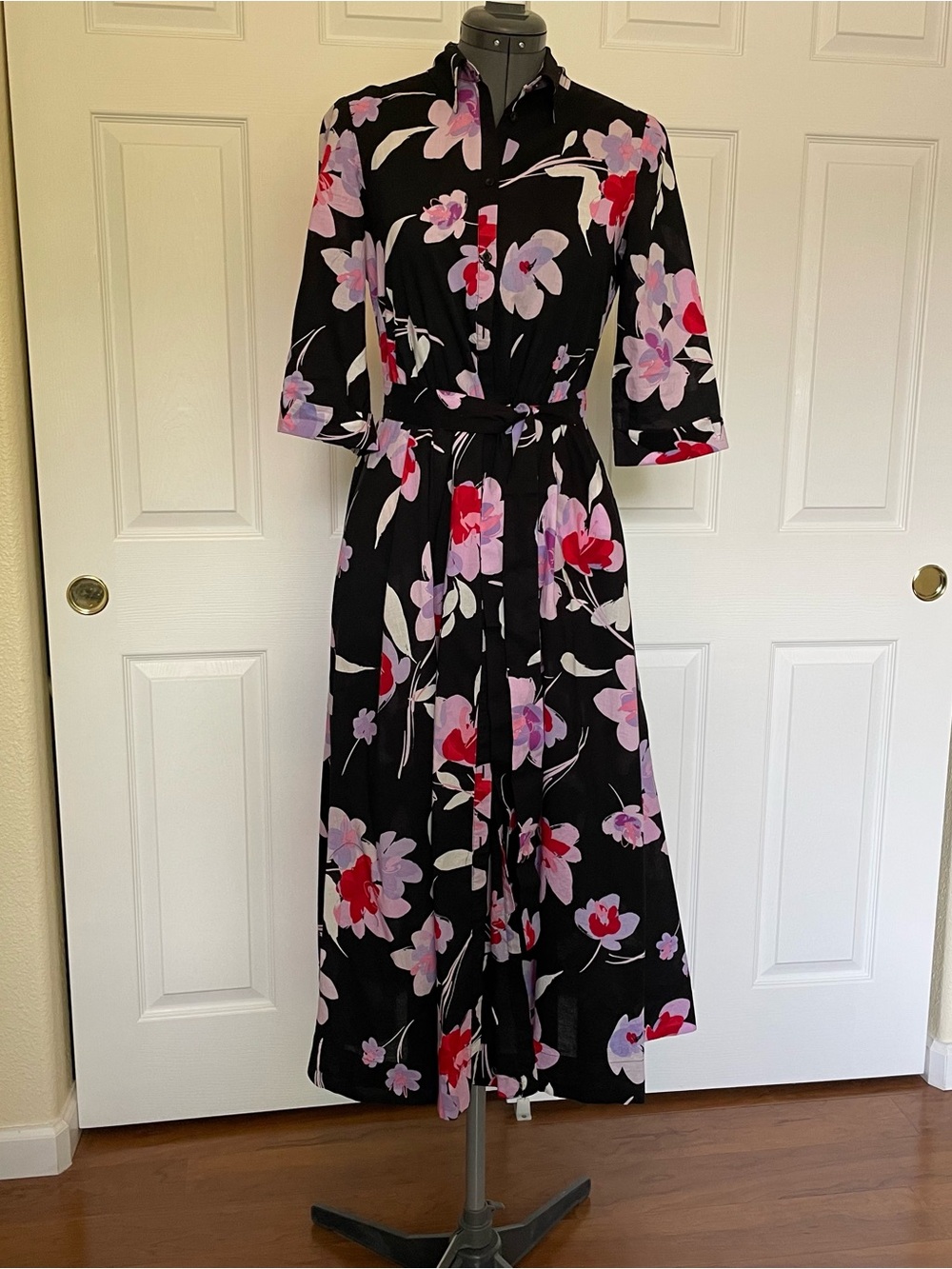Calvin Klein Black Maxi Shirt Dress with Pink and Red Floral Print